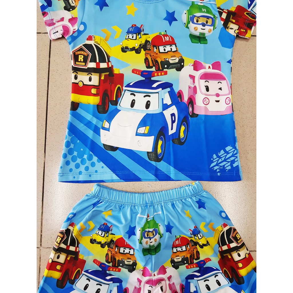 Bộ thun cotton Thái lạnh in hoạt hình poli car xe biến hình