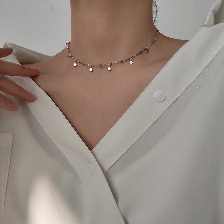 Choker Dây chuyền vòng cổ nữ bạc s925 tua rua mặt tròn dẹt Cá jewelry DC37