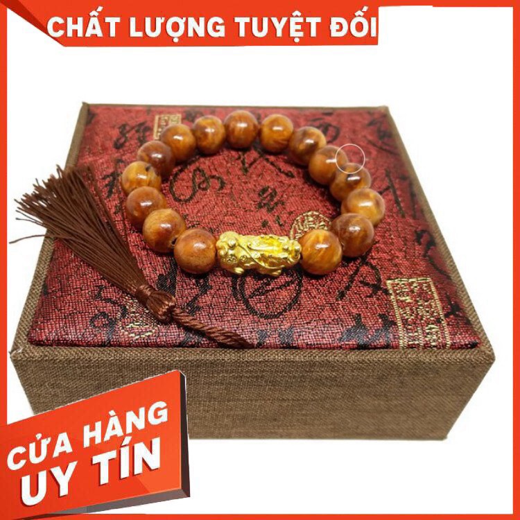 Vòng tay Huyết Long mix tỳ hưu vàng, Gỗ Huyết Long mùi hương dịu thơm, mang lại may mắn thần tài