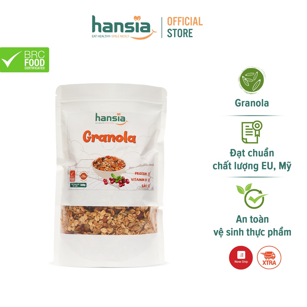 Ngũ Cốc Ăn Sáng Granola Organic HANSIA Gồm Nhiều Loại Hạt, Yến Mạch, Trái Cây Khô Giàu Năng Lượng Tiện Lợi Túi 250g-500g