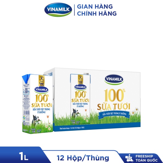 Thùng 12 Hộp Sữa tươi tiệt trùng Vinamilk 100% Ít Đường - Hộp giấy 1L