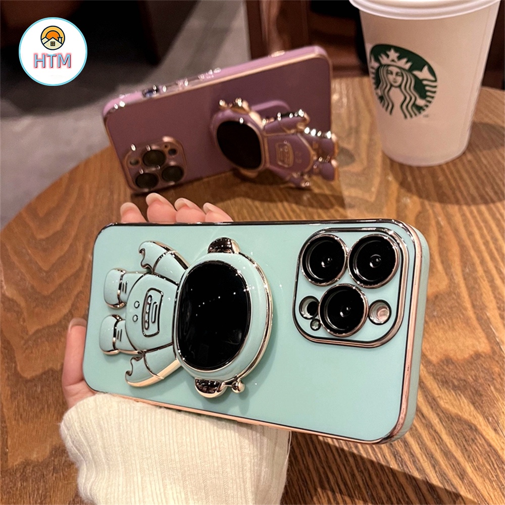 Ốp Điện Thoại TPU Mạ Điện In Hình Phi Hành Gia Kèm Giá Đỡ Cho iPhone 13 12 11 Pro Max Promax XS Max XR X