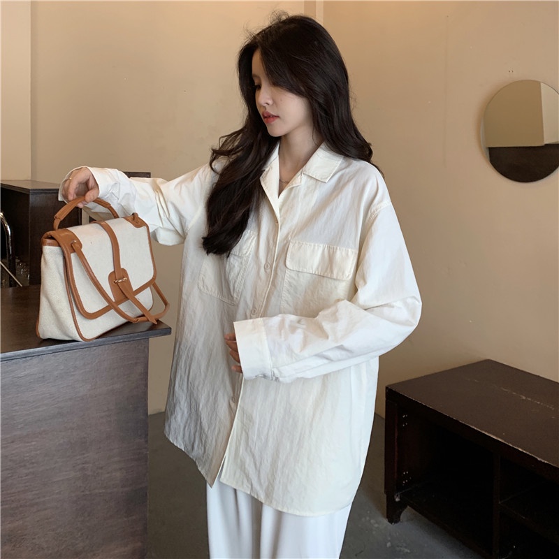 Áo Sơ Mi Trắng Tay Dài Dáng Rộng Cổ Bẻ Thời Trang Mùa Hè Cho Nữ