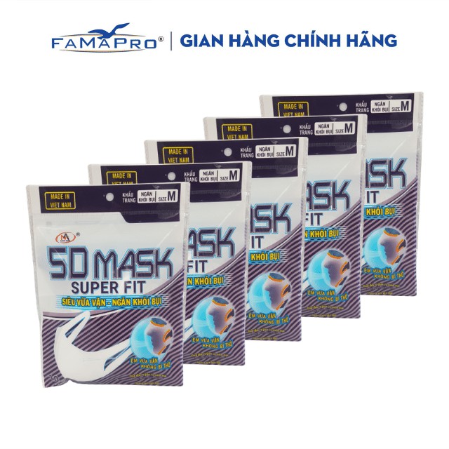 Hàng chính hãng - Combo 5 túi khẩu trang y tế kháng khuẩn 3 lớp Famapro 5D Mask dây vải (10 cái /túi )