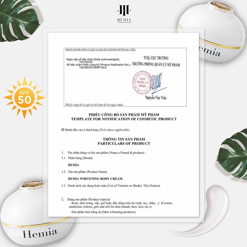 [Chính hãng] Kem chống nắng HEMIA dưỡng trắng nâng tone SPF50+ 100% tự nhiên, nhập khẩu chính hãng Hàn Quốc