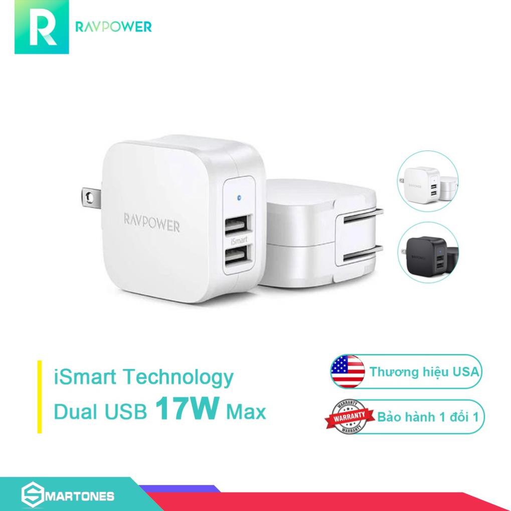 Sạc RAVPower 2 cổng USB công suất 17W công nghệ sạc thông minh cho điện thoại