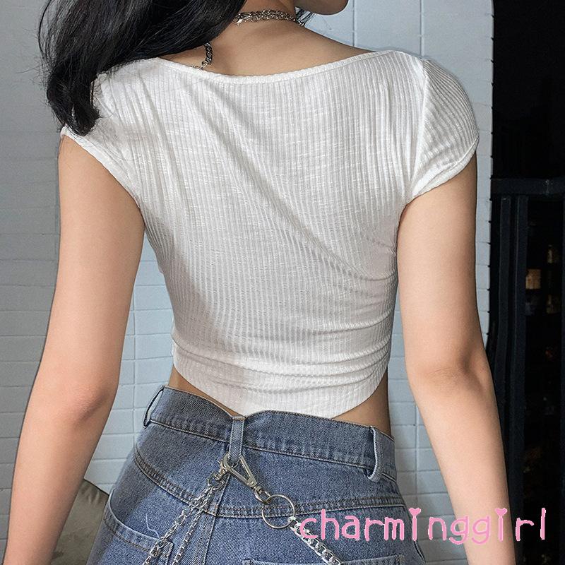Áo thun croptop cổ vuông tay ngắn màu sắc trơn quyến rũ cho nữ
