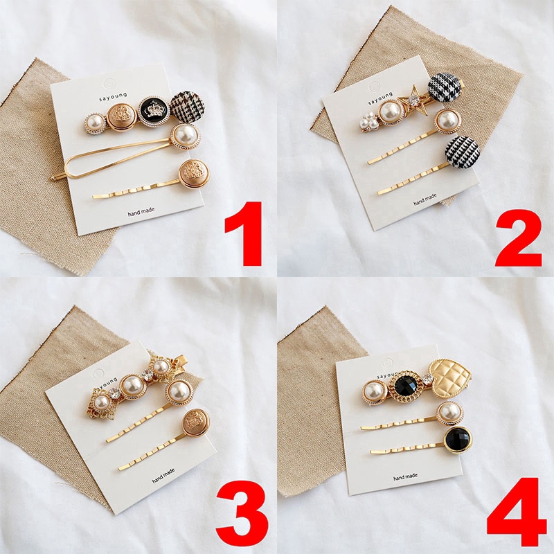 MANYUE Set 3 kẹp tóc phối nút/ ngọc trai nhân tạo xinh xắn thời trang cho nữ