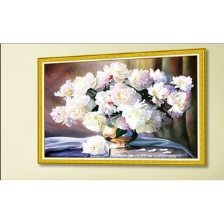 Tranh Đính Đá ABC 3D Chậu Hoa Hồng Trắng Sang Trọng LG1047 (KHÁCH TỰ ĐÍNH) KT:65X50CM