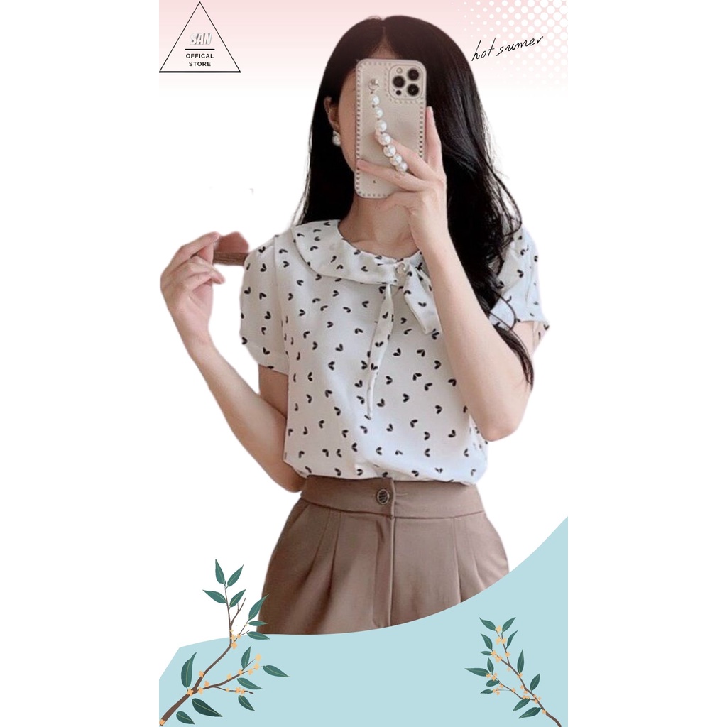 Áo sơ mi nữ chấm bi cổ nơ đính ngọc