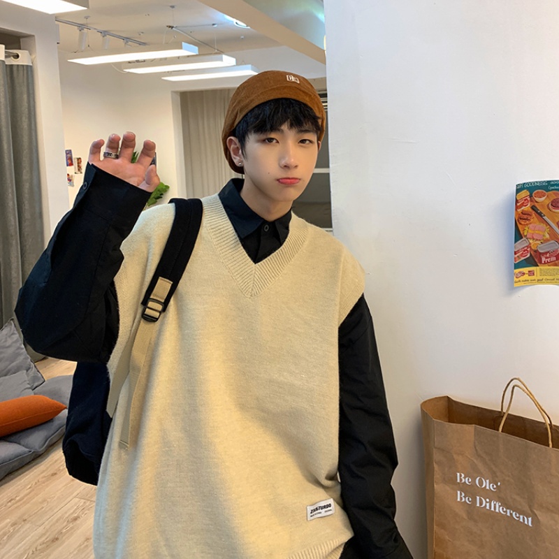 ♞AFF LIGA♞ Áo ghi lê dệt kim cổ chữ V màu trơn phong cách Harajuku Hàn Quốc cổ điển thời trang mùa thu cho nam