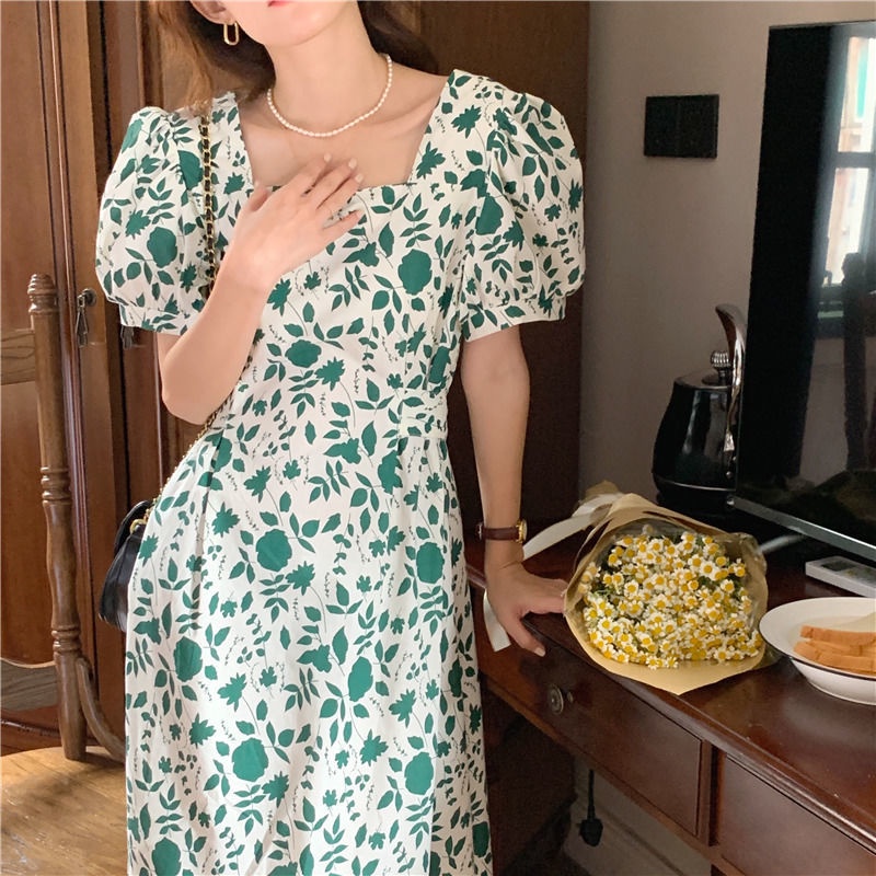 Đầm Hoa Cổ Vuông Tay Phồng Cột Dây Nhấn Eo Thời Trang Xinh Xắn Cho Nữ