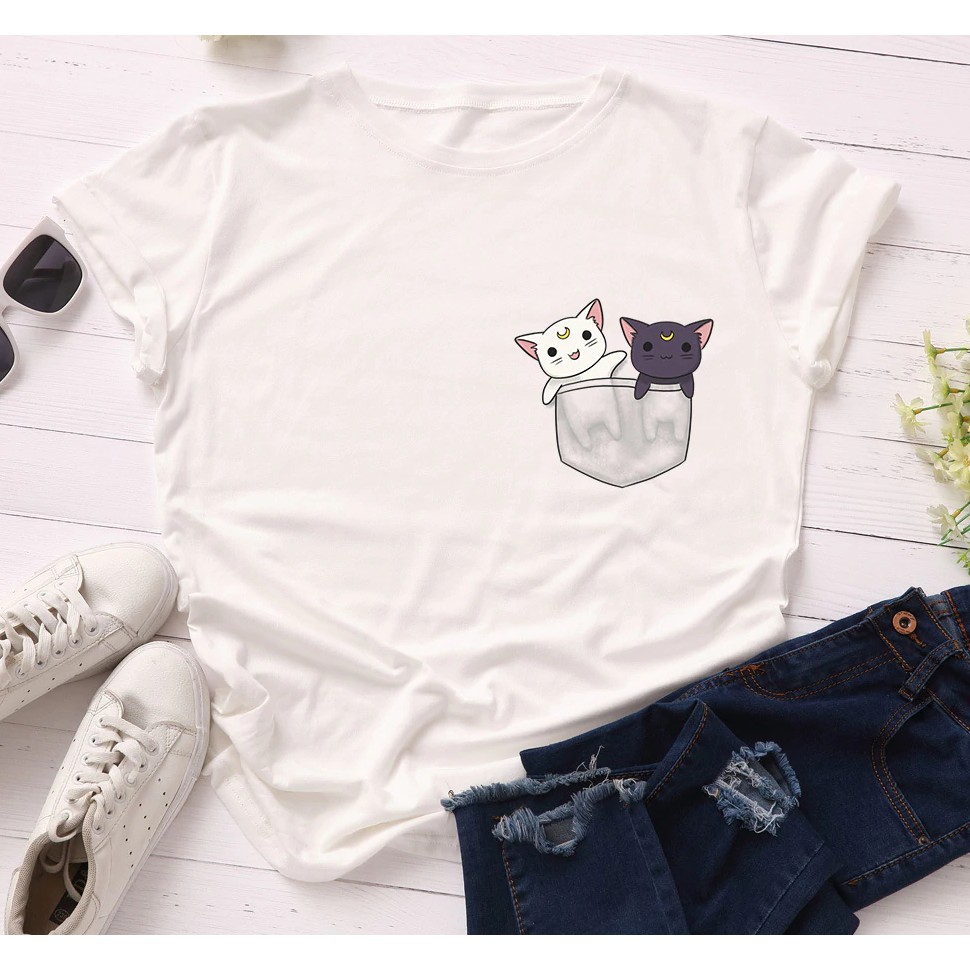 Áo thun phông nam nữ form rộng Familylove - Mẫu áo Unisex 2 chú Mèo trong Họa Tiết Túi chất Cotton 100% cao cấp