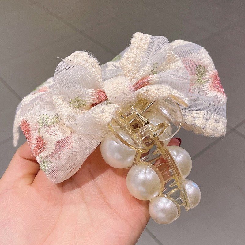 Kẹp Tóc Nơ Lớn Thêu Họa Tiết Hoa Hồng Phối Ren Xinh Xắn Thời Trang