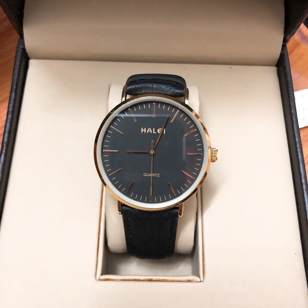 Cặp đồng hồ Nam Nữ Halei mặt đen dây da đen cao cấp classic số vạch size 28mm 39mm không gỉ, chống xước chống nước HL541