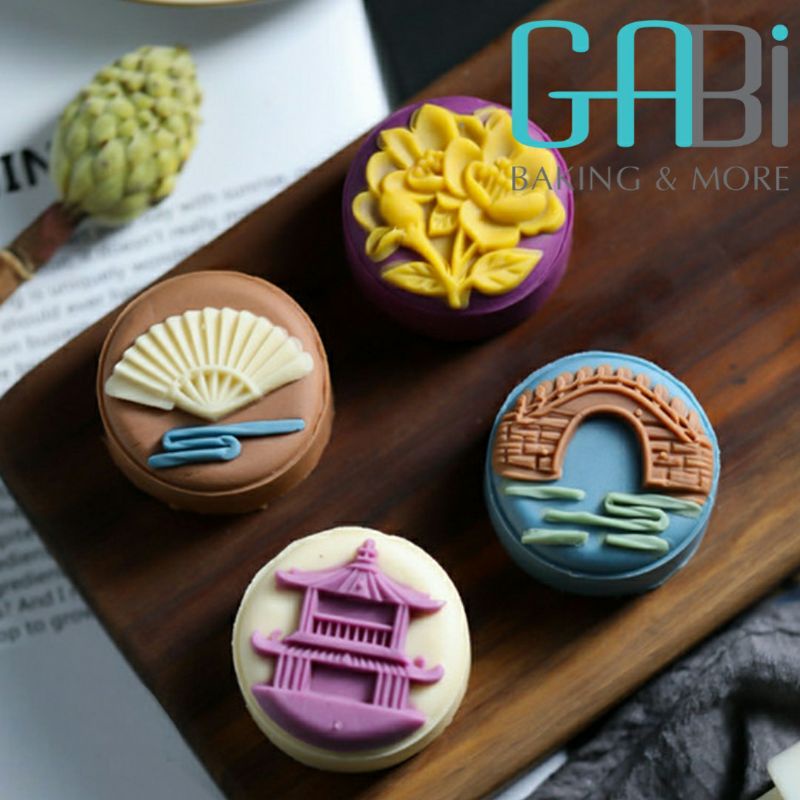 Khuôn trung thu nhấn lò xo 4 mặt 50-80g đền-cầu-quạt-hoa