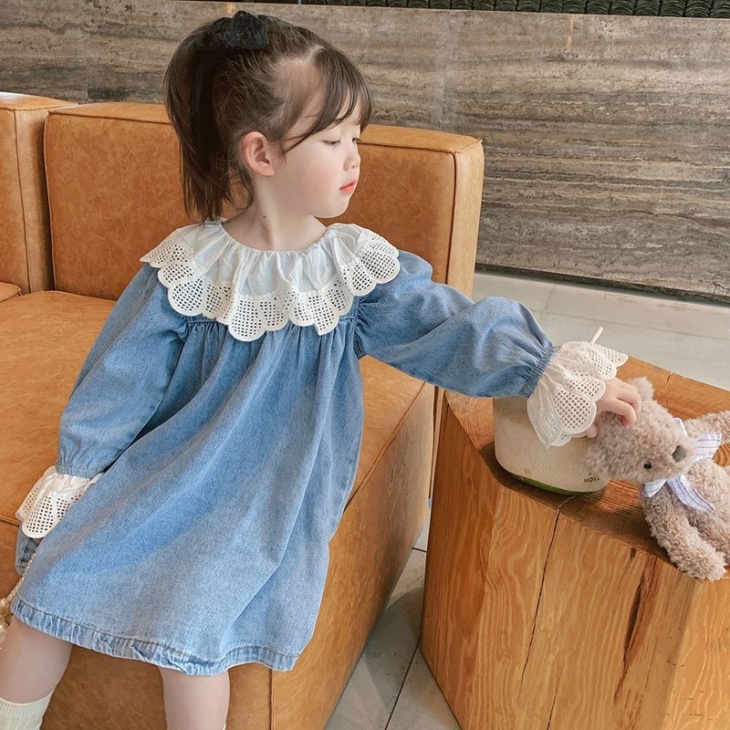 Đầm Denim Cổ Búp Bê Ngọt Ngào Và Thời Trang Mùa Xuân Mới Cho Bé Gái