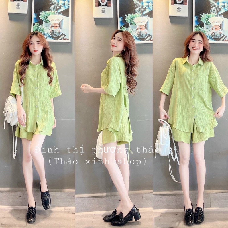 Set áo sơ mi xanh xẻ lưng cột dây nơ lưng kèm short lưng thun xanh bơ