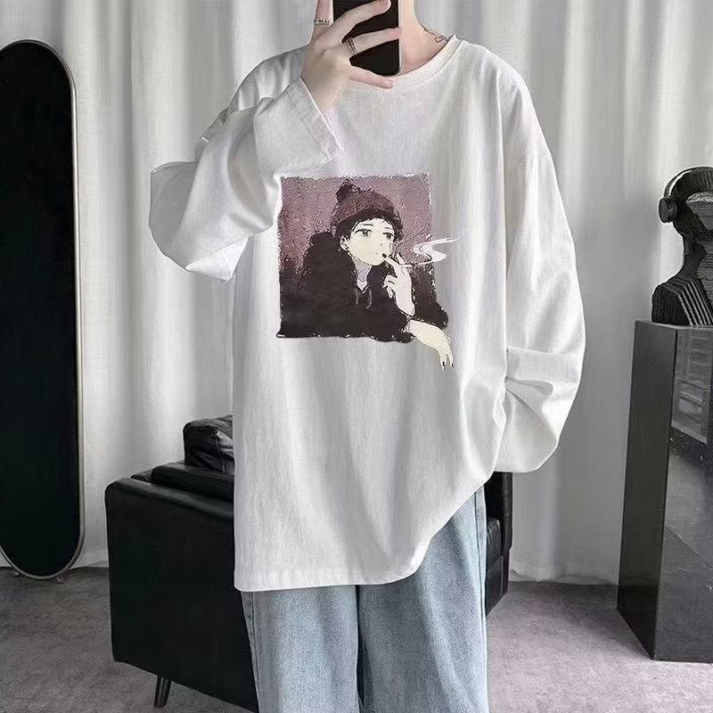 Áo Thun Tay Dài Cổ Tròn Dáng Rộng In Họa Tiết Hoạt Hình Phong Cách Hip Hop Hàn Quốc Thời Trang Cho Nam Size M-5XL