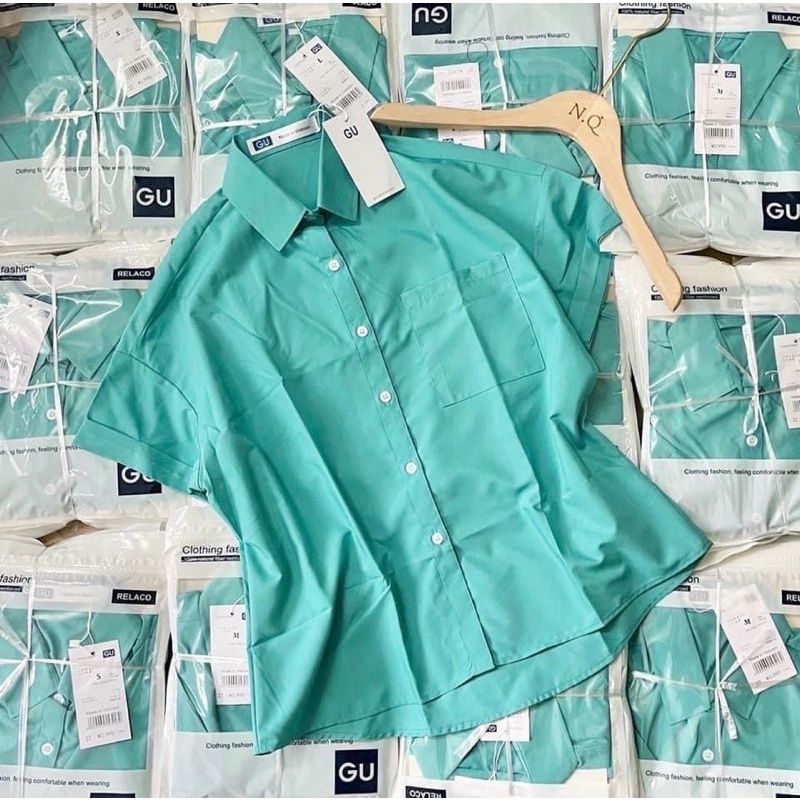 Áo sơ mi GU tay dơi gập gấu xanh mint
