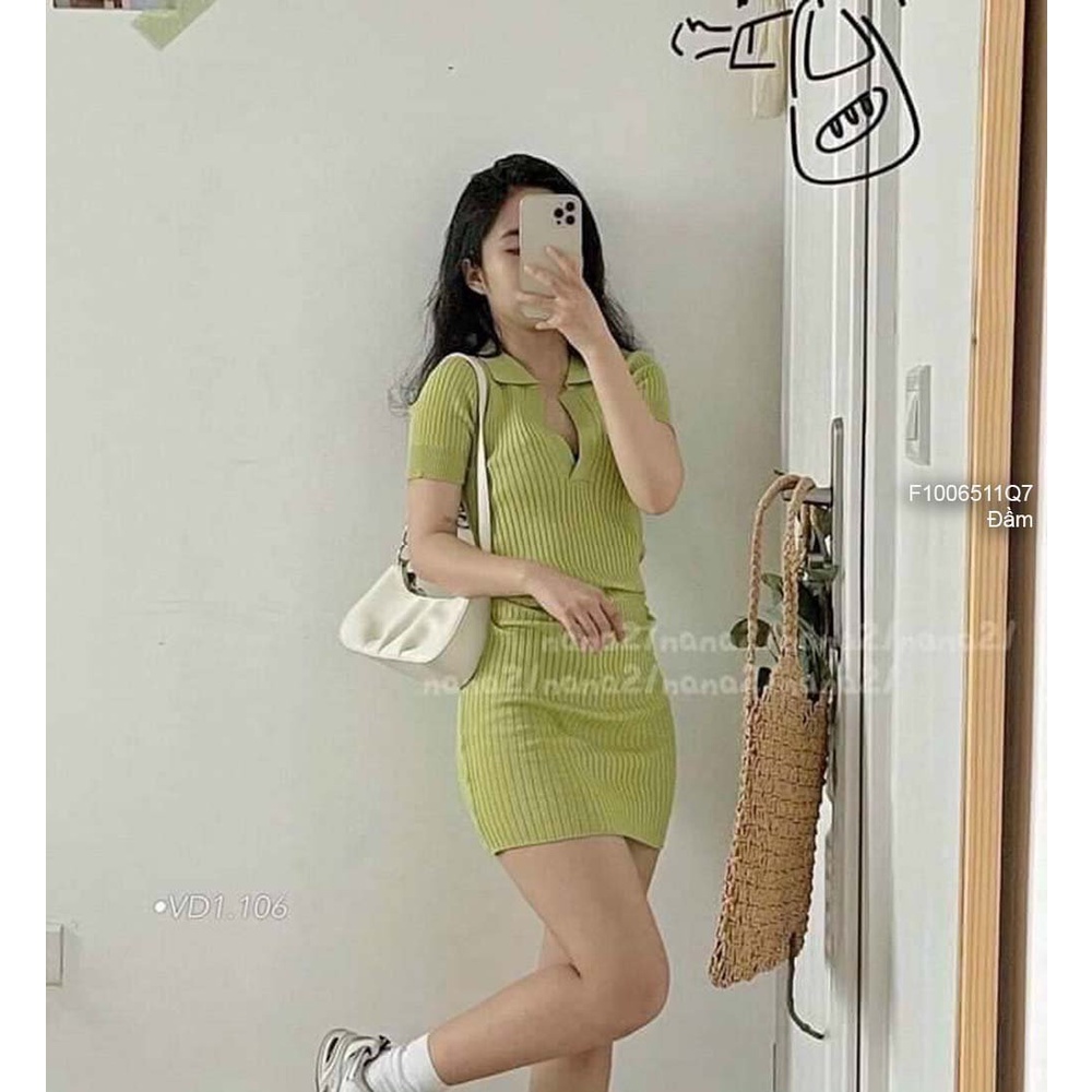 Đầm ôm body len polo cổ tim bẻ tay con hàng QC!