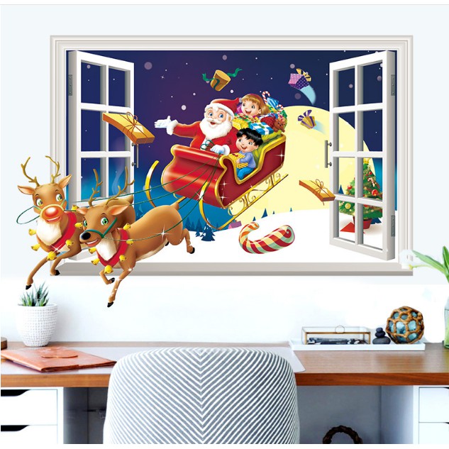 Decal dán tường Noel - Cửa Sổ hoạt hình Noel phát quà 02