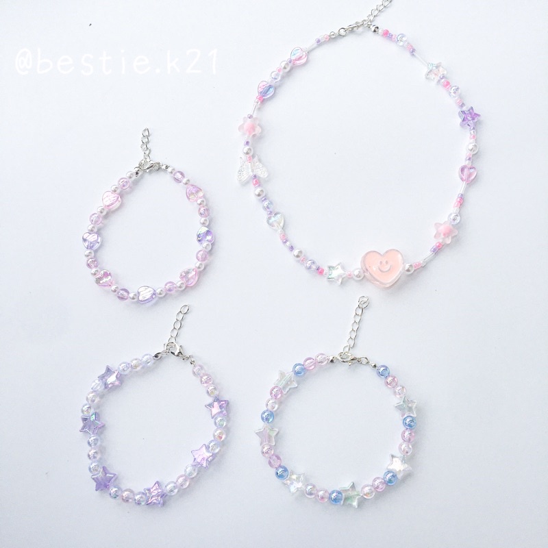Vòng tay hạt hologram charm ngôi sao trái tim màu tím xanh hồng lấp lánh dễ thương
