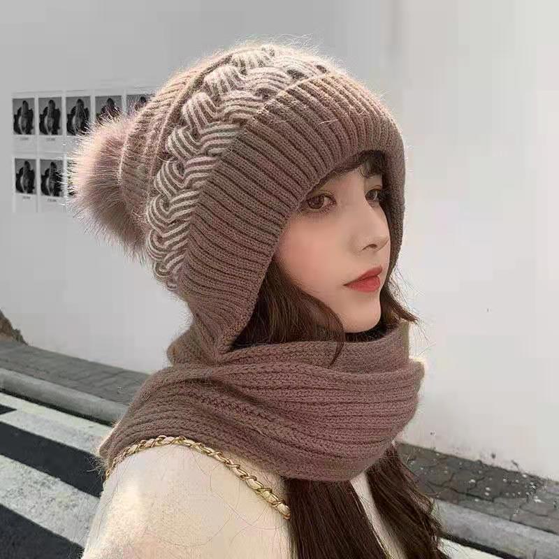 Mũ len dệt kim phối lông cừu bảo vệ tai kiểu Hàn Quốc thời trang thu đông dễ thương cho nữ