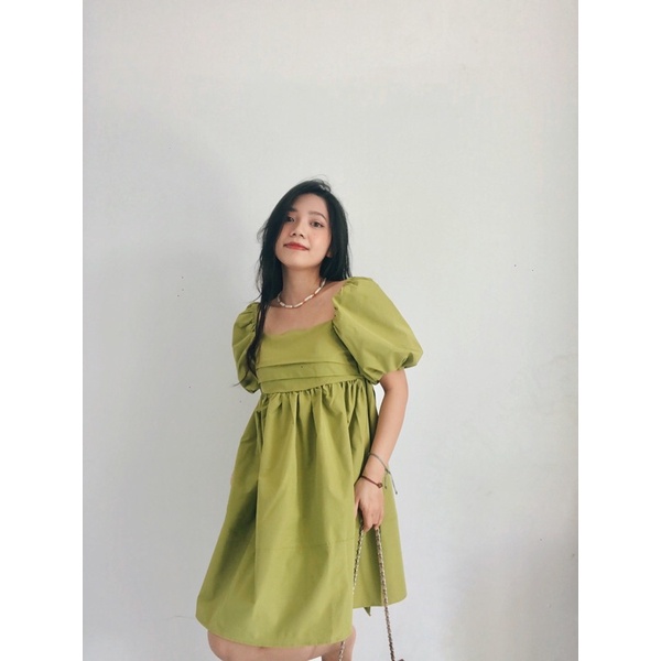 Váy hè xinh, Váy hè thô nơ sau tay phồng xanh cốm cổ vuông xinh,Đầm hè xanh cốm babydoll tiểu thư | BigBuy360 - bigbuy360.vn
