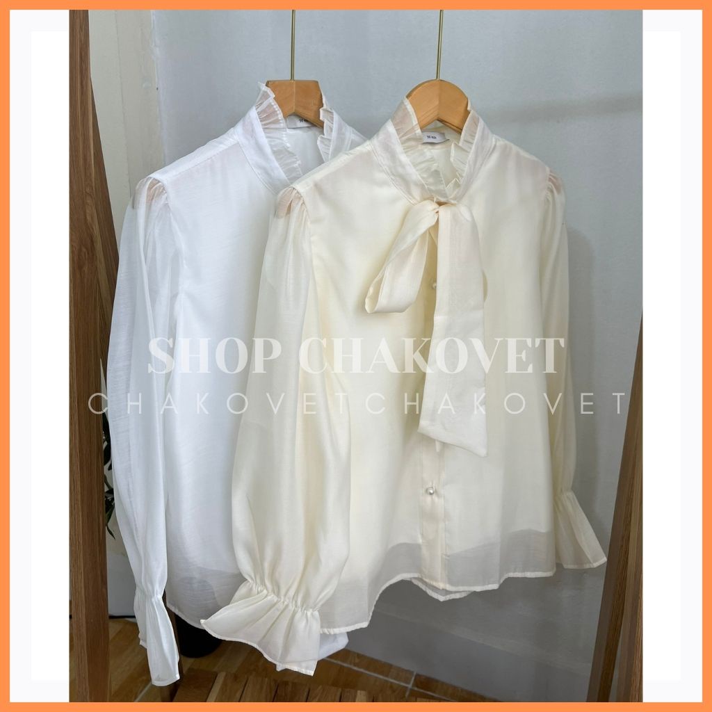 Áo sơ mi voan tiểu thư ulzzang hàn quốc 2 lớp A8163 cúc ngọc dễ thương cổ thắt nơ tay phồng bo chun siêu xinh sang chảnh