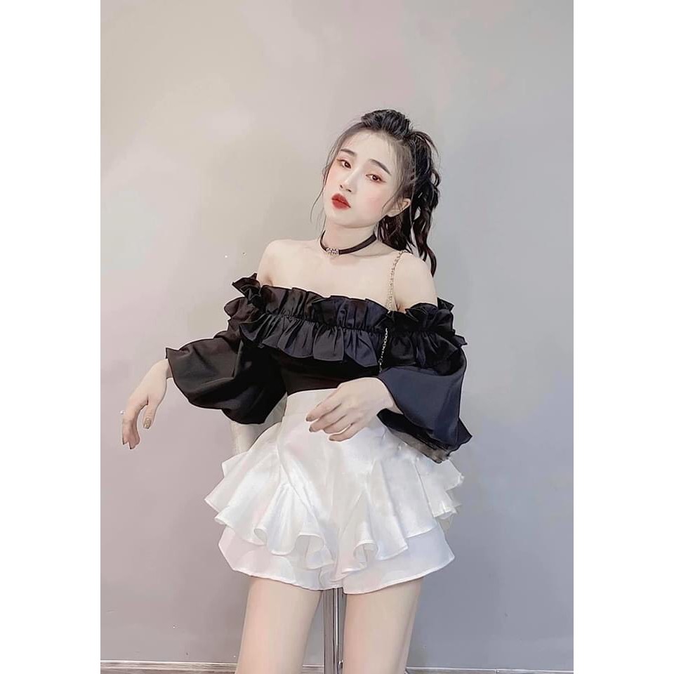 Áo kiểu nữ trễ vai nhún bèo to tay loa phồng tiểu thư