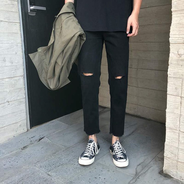 9 Jean cao cấp)Quần Jeans Đen Xả Lai Rách Gối Unisex ( jean co giãn tốt ) S014