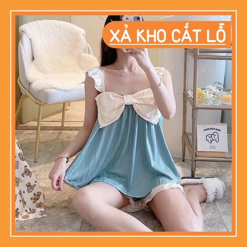 Set bộ ngủ đũi thun lạnh 2 dây nơ ngực tiểu thư điệu đà
