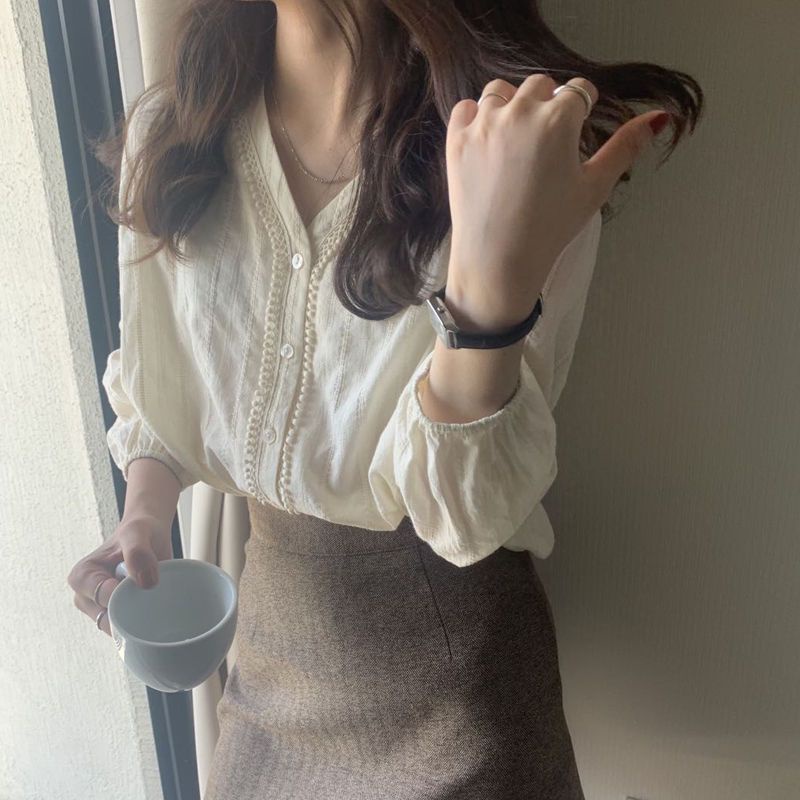 Áo Sơ Mi Tay Dài Nữ Cổ Tim Tay Dài Văn Phòng Đi Chơi