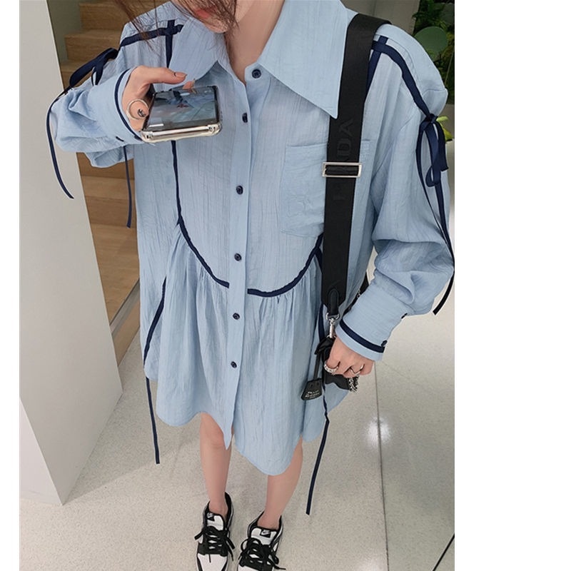 Đầm Sơ Mi Phối Dây Ruy Băng Màu Sắc Tương Phản Thời Trang Mùa Thu Cho Nữ