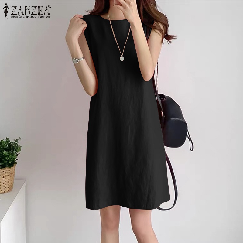 Đầm ngắn Zanzea không tay cổ tròn màu trơn đơn giản phong cách Hàn Quốc dành cho nữ