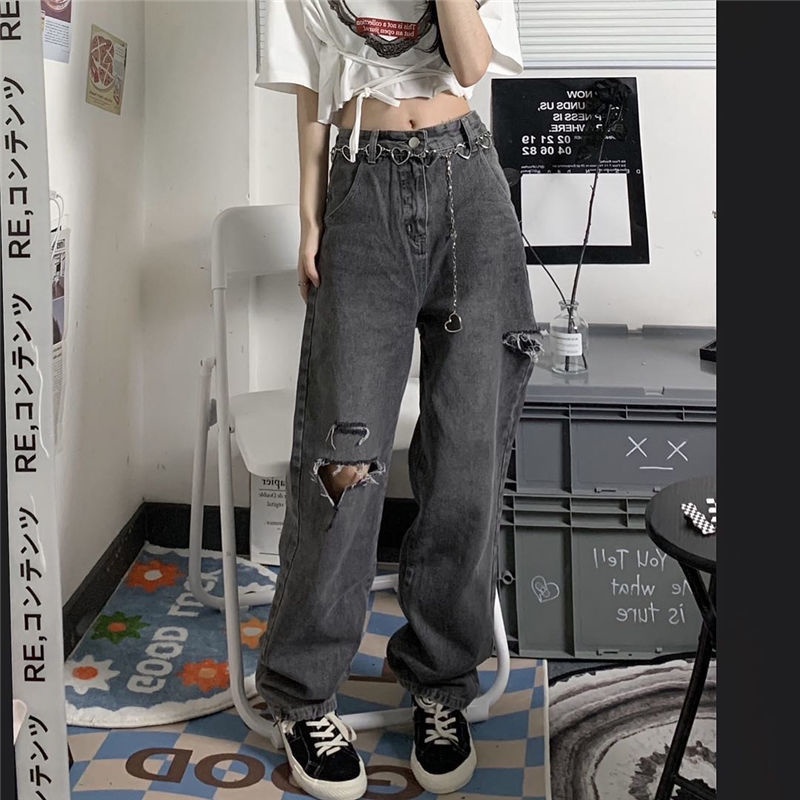 Quần Jeans Dài Ống Rộng Lưng Cao Phối Rách Phong Cách Đường Phố Retro Thời Trang Mùa Hè Mới Cho Nữ