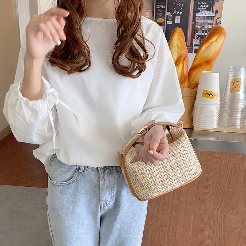 Túi Xách Cầm Tay Nữ Mini Thời Trang Cao Cấp Phom Vuông Cá Tính Họa Tiết Sợi Rơm Dệt Đẹp Mắt Đeo Chéo Đeo Vai Tiện Lợi