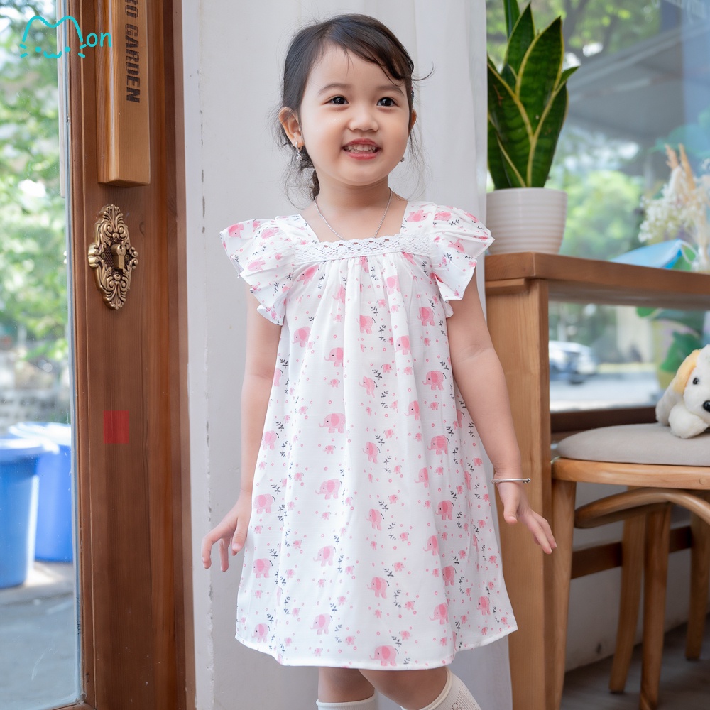 Đầm cho bé gái cánh tiên đũi tằm 1-6 tuổi họa tiết voi con màu tắng MonBabies VL15-W