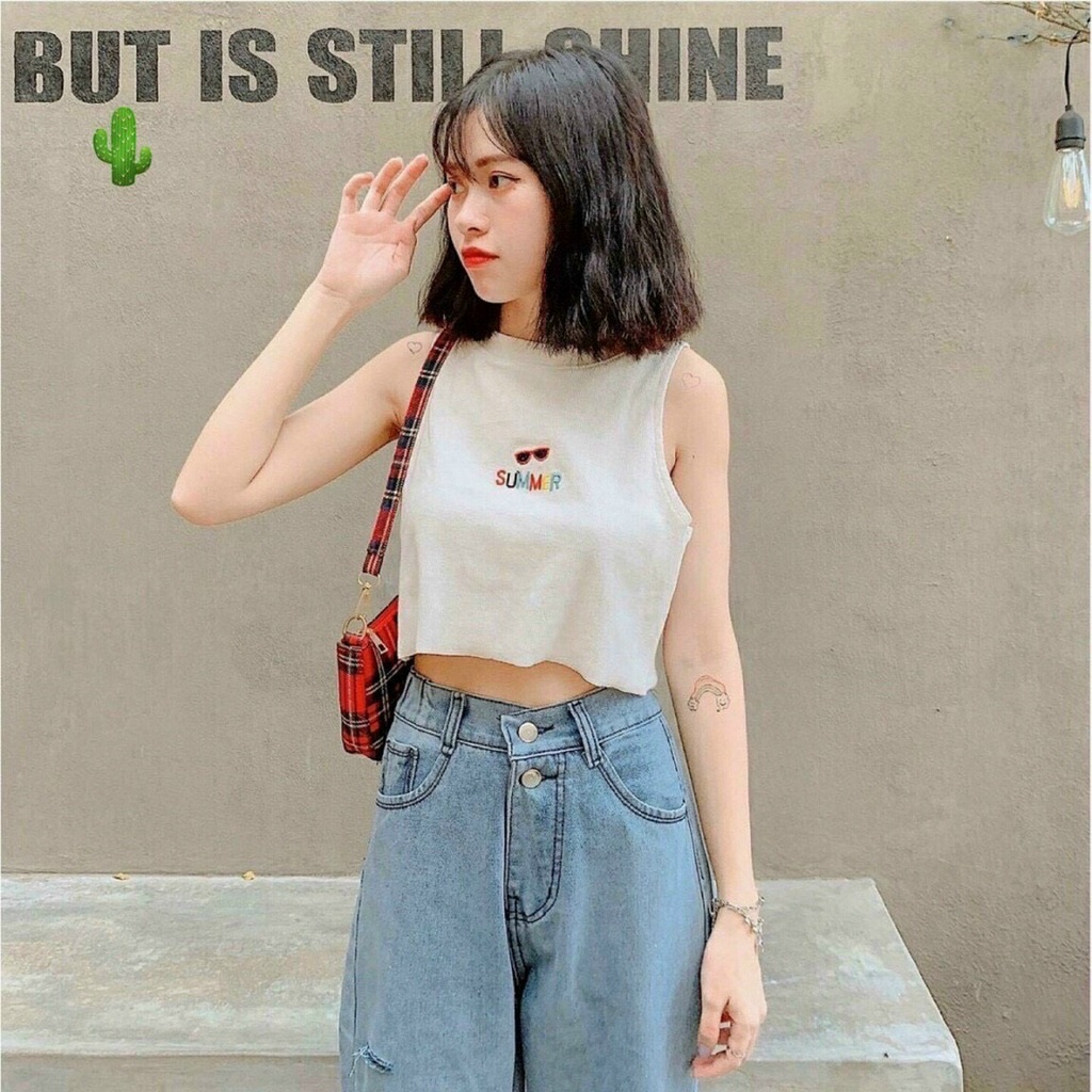 Áo thun ba lỗ sát nách dáng croptop thêu hình mắt kính mùa hè Summer mát mẻ đi biển xinh