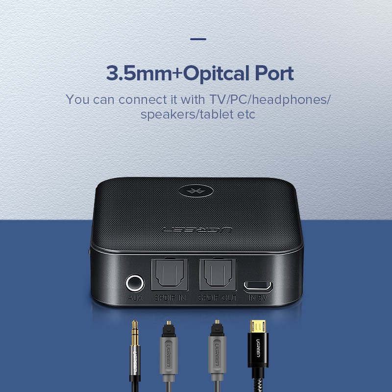 Bộ thu phát bluetooth 5.0 Ugreen AptX HD cho TV/tai nghe cổng Optical 3.5mm SPDIF