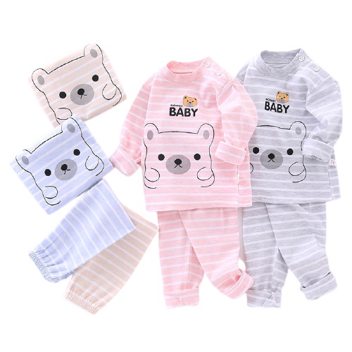 Bộ thu đông dài tay cotton nỉ Micky Mon kẻ hình mặt gấu siêu yêu