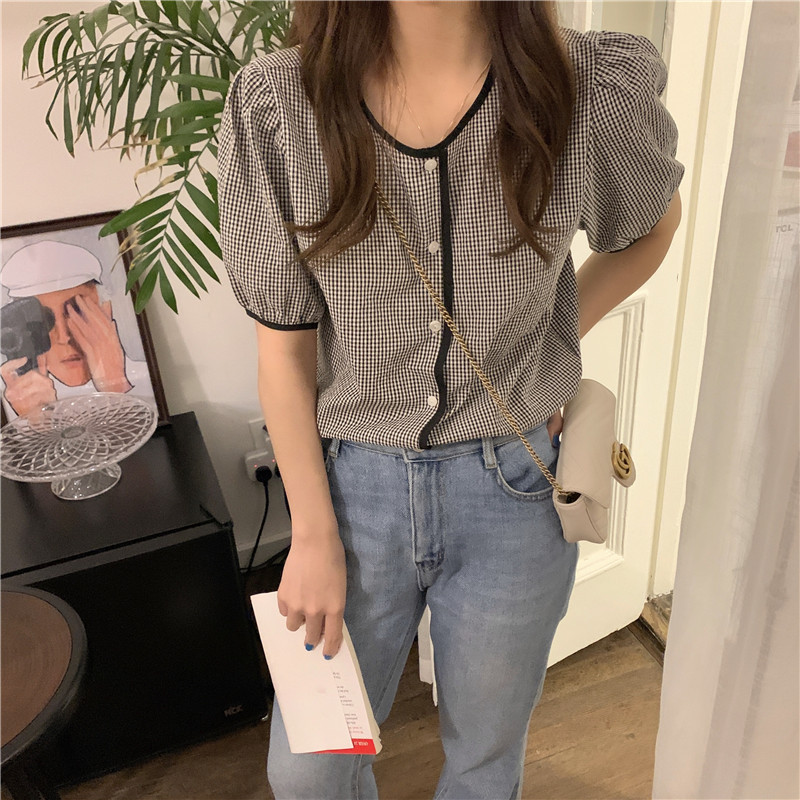 Áo sơ mi tay ngắn cổ tròn họa tiết caro phong cách Hàn Quốc cho nữ 43755