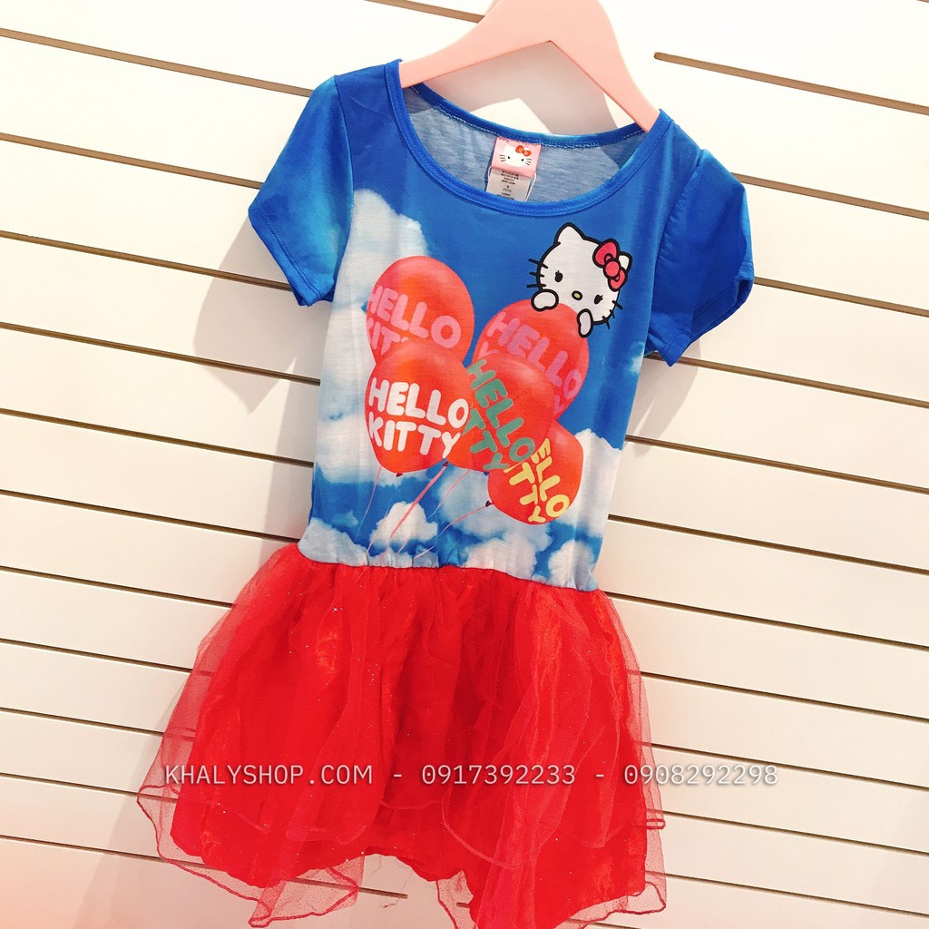 Đầm thun trẻ em hình mèo Hello Kitty đám mây màu xanh phối lưới hồng size L cho bé gái 10,12 tuổi - DTKTLXH