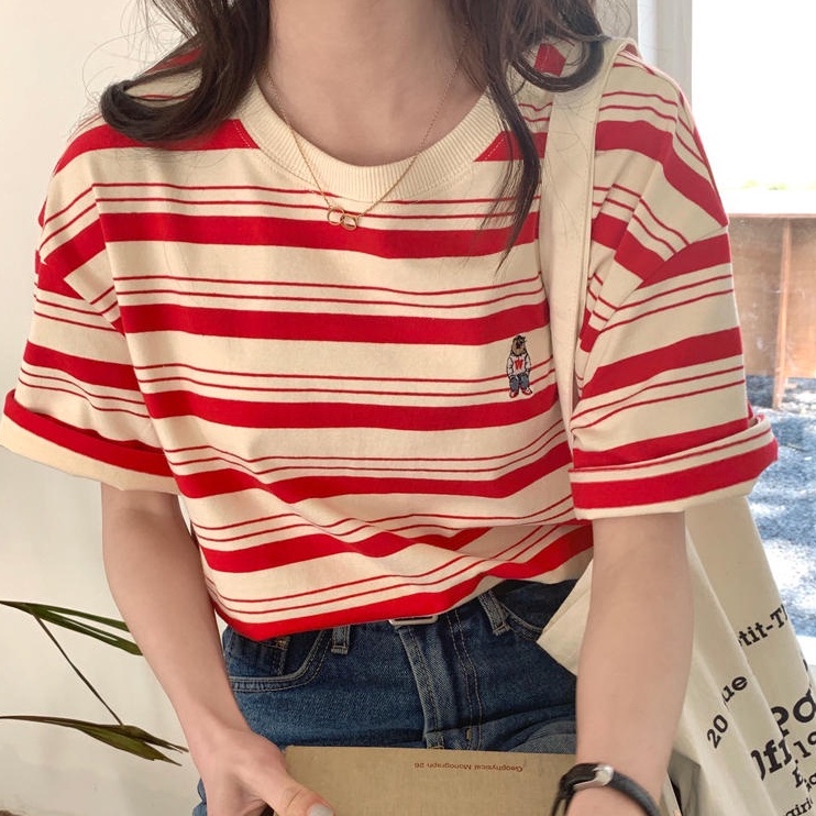 Áo Thun Tay Ngắn Cổ Tròn Kẻ Sọc Màu Sắc Tương Phản Thêu Hình Gấu 49853