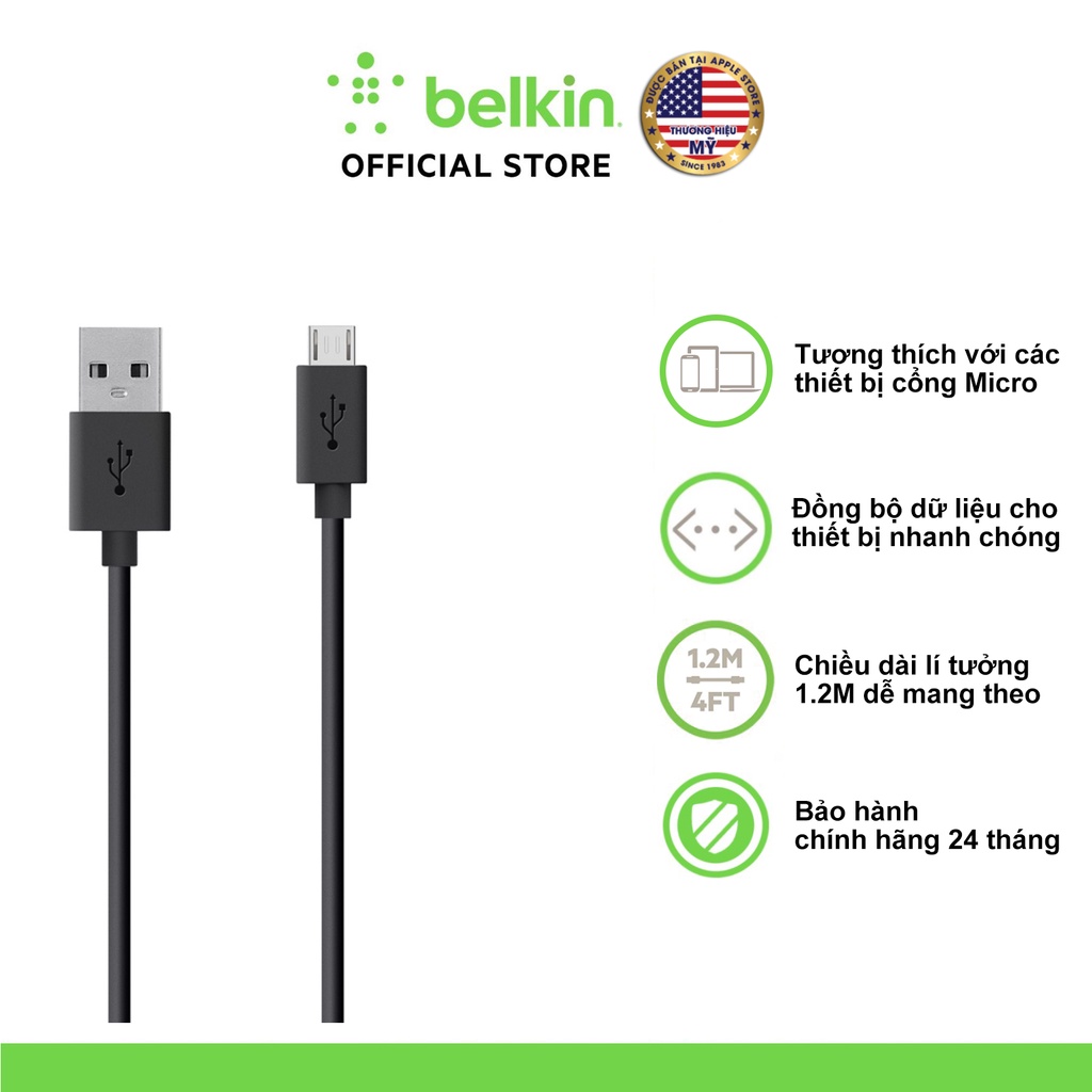 Cáp Micro Belkin nhựa 1.2m trắng/đen, sạc và truyển tải dữ liệu tốc độ cao - BH Chính hãng 2 năm - F2CU012bt04