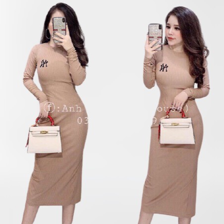 Đầm body nữ len tăm dài tay thêu chữ form ôm dáng dài Bingshop