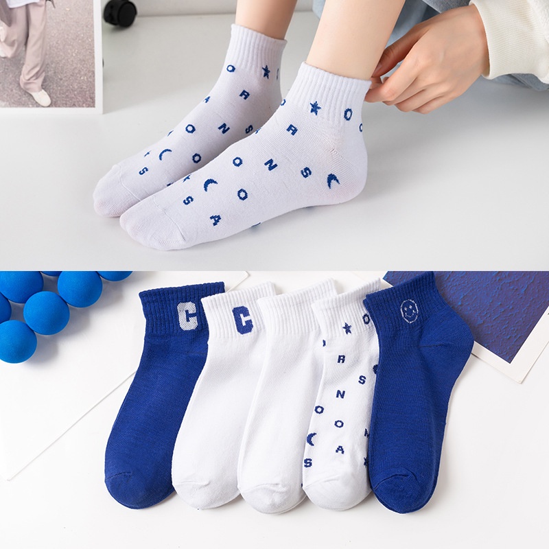 Vớ Cổ Thấp In Chữ Màu Xanh Dương Và Trắng Thời Trang Cho Nữ