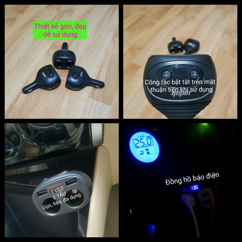 Tẩu xạc xe Ôtô 80W dải rộng 12-24V có 2 cắm Tẩu + 2 cắm USB có đèn báo Vôn
