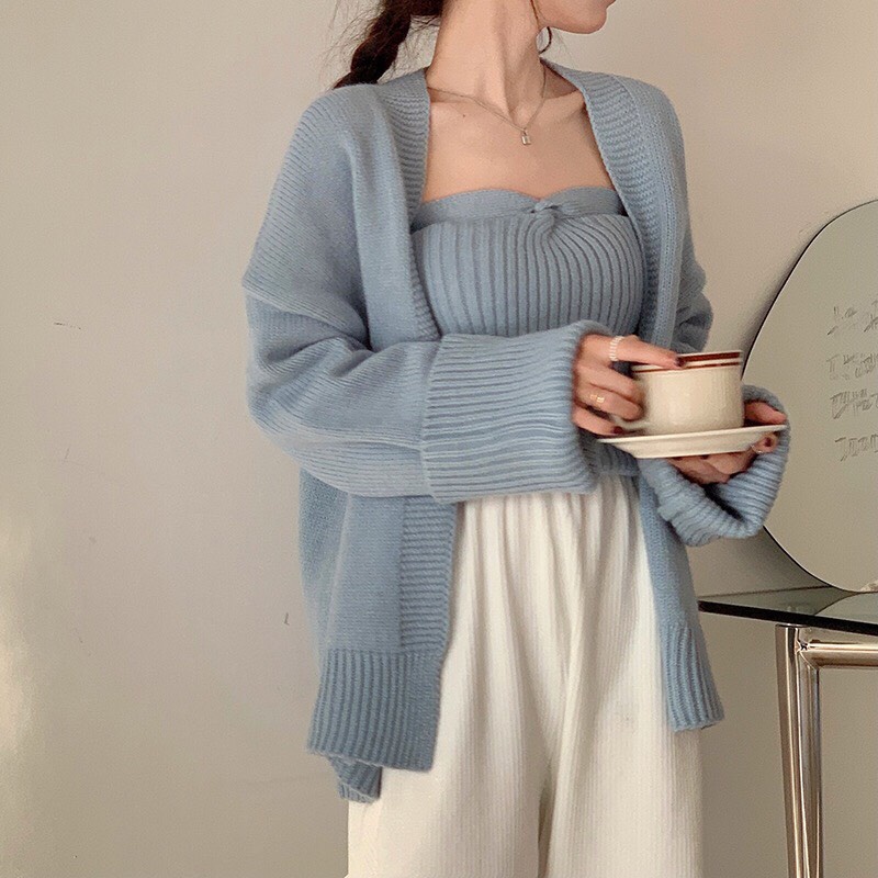 Set áo khoác len cadigan và áo quây len dáng dài form rọng phong cách ulzzang
